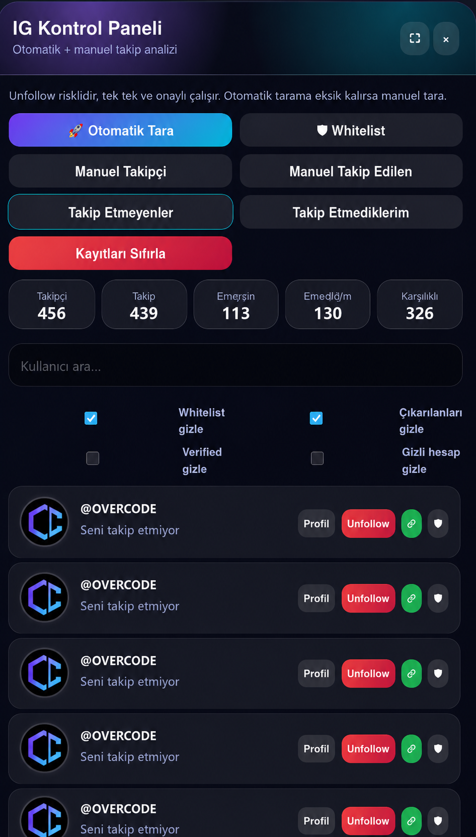 IG Kontrol Paneli ekran görüntüsü